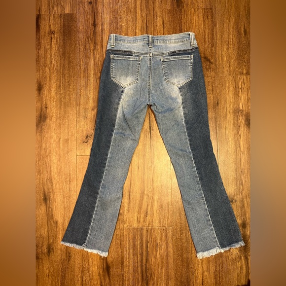 Patchwork denim jeans with distressing & flare at bottom - Picture 2 of 2